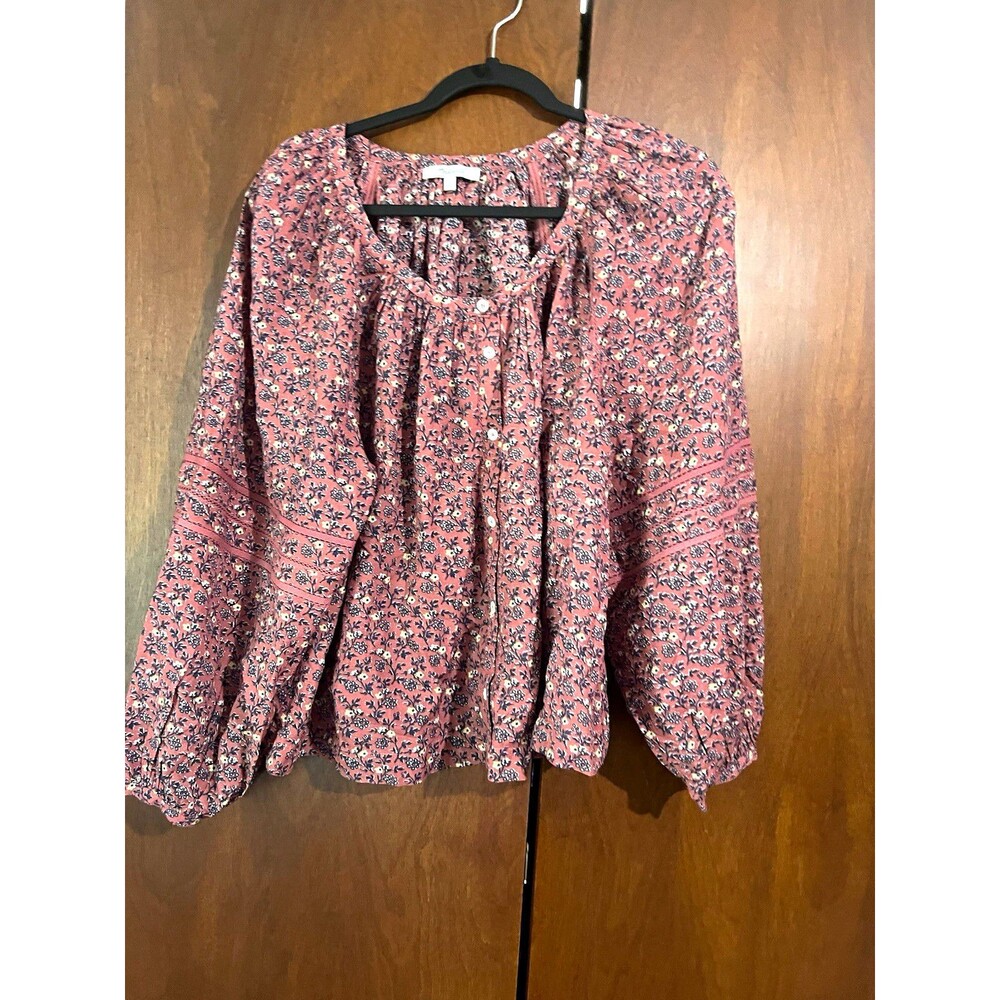 Madewell Womens Puff Sleeve A-Line Button Front Blouse Smoky Rose Floral Boho L